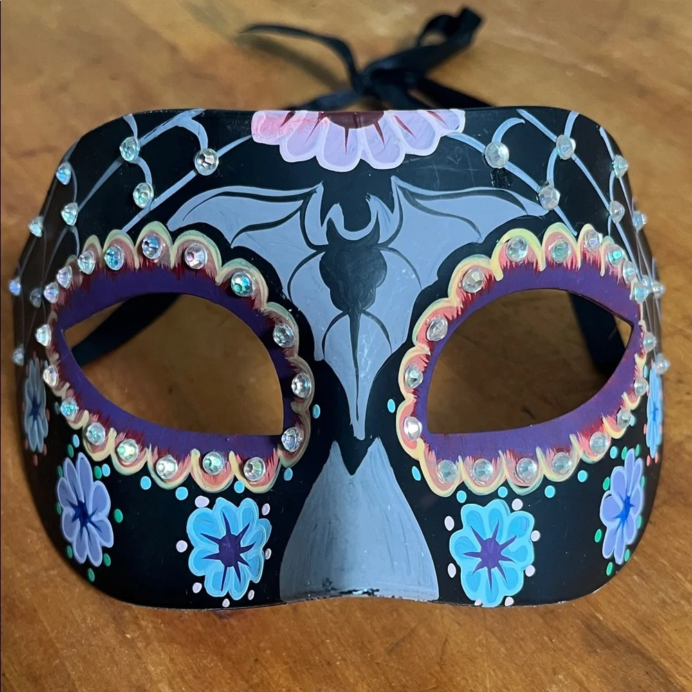 Hand-Painted Black Floral Masquerade Mask with Rhinestones